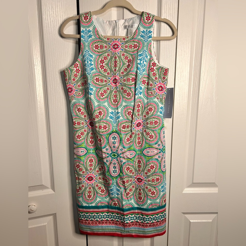 London Style Collection Size 6 Sleeveless Knee Length Blue Pink Dress Sheath NWT